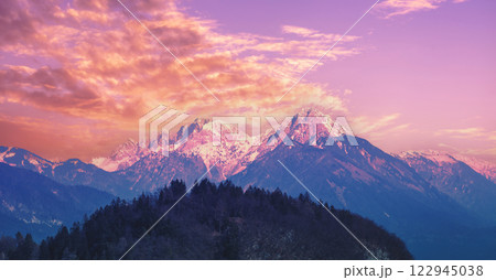 View of the Alps in Kranjska Gora at sunrise. The tops of the mountains are covered with snow. Triglav national park. Slovenia View of the Alps in Kranjska Gora at sunrise. The tops of the mountains are covered with snow. Triglav national park. Slovenia 122945038