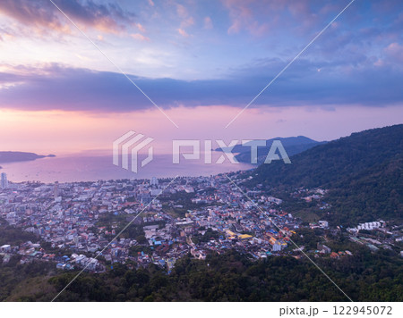 Aerial view of beautiful sunset sky over sea at Patong bay Phuket city Thailand 122945072