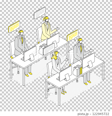 Isometric illustration of an operator team serving customers Isometric illustration of an operator team serving customers 122945722