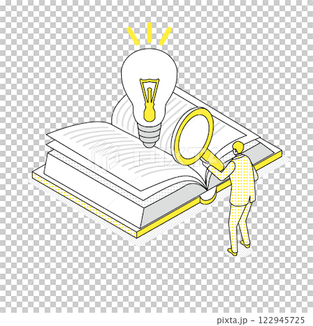 一個人從書中獲得想法的等距插圖 一個人從書中獲得想法的等距插圖 122945725