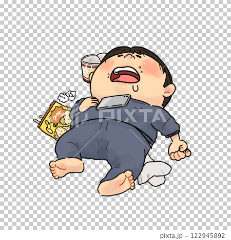 A man eating, sleeping and lazing around [whole body] 122945892