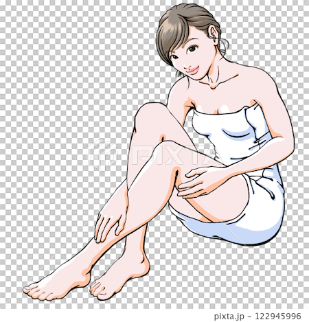 Young woman taking care of her skin with a bath towel wrapped around her_Beautiful legs Young woman taking care of her skin with a bath towel wrapped around her_Beautiful legs 122945996