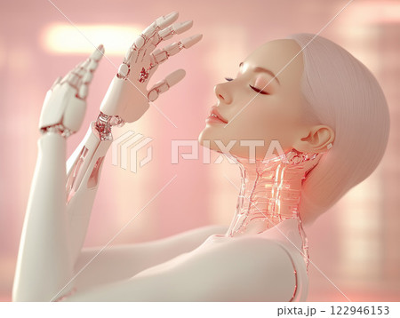 cyborg woman with robotic arms and a partially mechanical neck, embodying a cyborg or futuristic being. Soft lighting,gentle expression ,artificial intelligence, transhumanism, and future technology. 122946153