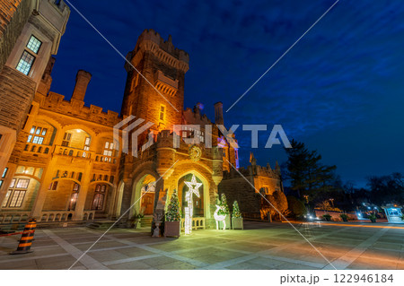 Casa Loma winter night illumination. historic castle in Toronto city. Ontario, Canada. 122946184