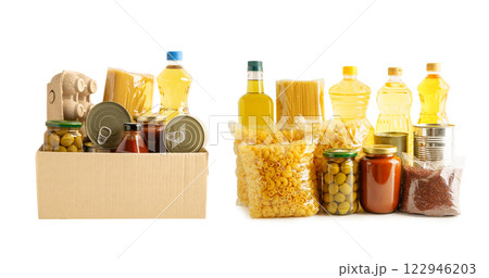 Foodstuffs in donation box isolated on white background with clipping path for volunteer to help people. 122946203
