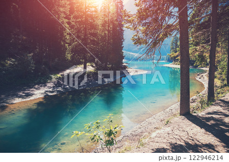 Beautiful lakeshore on a sunny day. Lake Braies in the Dolomites, Italy 122946214