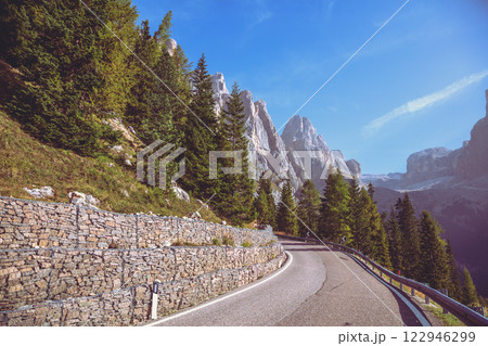 Mountain landscape with a mountain road on a sunny day. Dolomites, Bolzano, Italy, Europe 122946299