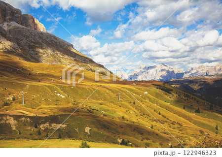 Mountain landscape in the autumn. Pordoi pass in The Dolomites, South Tyrol, Italy 122946323