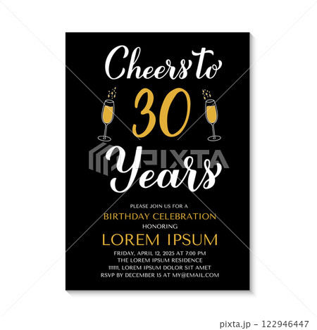 30th Birthday or Anniversary invitation card. Cheers to 30 years. Birthday Party invite. Vector template. 122946447