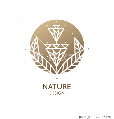 Tropical plant logo. Round emblem flower a circle in linear style. Vector abstract badge for design of natural product 122946560