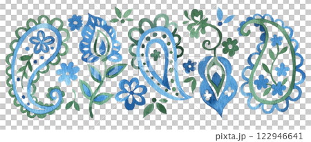 watercolor set with oriental ornaments paisley in blue color on a white background watercolor set with oriental ornaments paisley in blue color on a white background 122946641