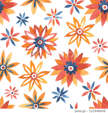 seamless pattern of abstract watercolor ornaments graphic flowers. bright red and orange, retro style 122946648