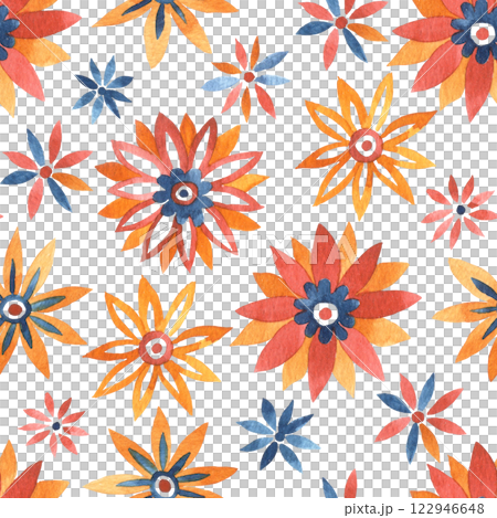 seamless pattern of abstract watercolor ornaments graphic flowers. bright red and orange, retro style 122946648