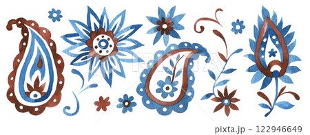 watercolor set with oriental ornaments paisley in blue color on a white background 122946649