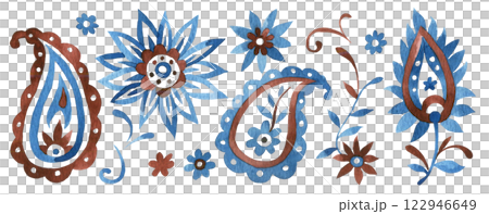 watercolor set with oriental ornaments paisley in blue color on a white background 122946649