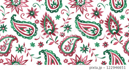 watercolor seamless pattern with oriental paisley in green and pink color on a white background 122946651