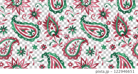 watercolor seamless pattern with oriental paisley in green and pink color on a white background 122946651