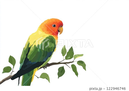 Bright parrot perched on a branch with vibrant colors and plenty of copy space for text. Generative AI 122946746