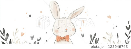 Cute rabbit illustration in a serene garden surrounded by soft foliage and gentle colors. Generative AI 122946748