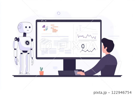 Collaboration between human and AI at a workstation in a modern office setting showcasing teamwork on data analysis tasks. Generative AI 122946754
