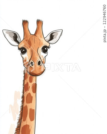Illustration of a cute giraffe looking directly with large expressive eyes on a plain background. Generative AI 122946760