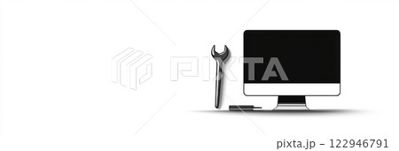 A computer stands beside a screwdriver and cable, indicating a repair or maintenance task in a technical workspace setting. Generative AI 122946791