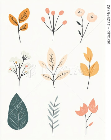 Delicate doodles of various leaves and flowers arranged in a playful grid, showcasing earthy tones and a charming minimalist style. Generative AI 122946792