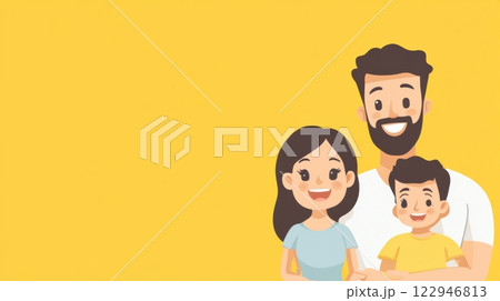 A joyful family consisting of mom, dad, and their child happily pose on a vibrant yellow backdrop, radiating love and togetherness. Generative AI 122946813