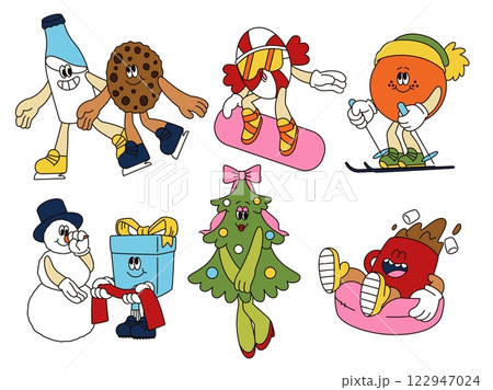 Groovy winter mascot. Comic icons of 80s. Retro character on ski. Vintage snow emoji. Funny fruit. Funky Christmas fir tree. Milk bottle with cookie. Sticker for holiday. Vector doodle emoticons set Groovy winter mascot. Comic icons of 80s. Retro character on ski. Vintage snow emoji. Funny fruit. Funky Christmas fir tree. Milk bottle with cookie. Sticker for holiday. Vector doodle emoticons set 122947024