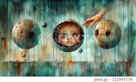 Baby looking through broken planet facing giant hand reaching out 122947176