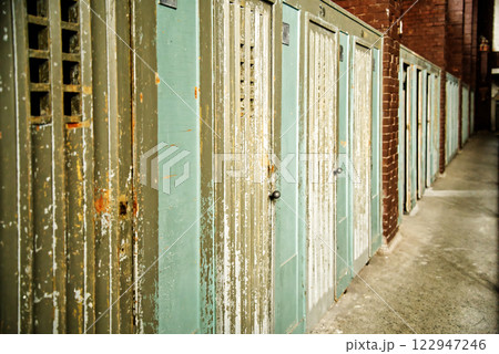 Old and weathered lockers showing signs of age and wear Old and weathered lockers showing signs of age and wear 122947246