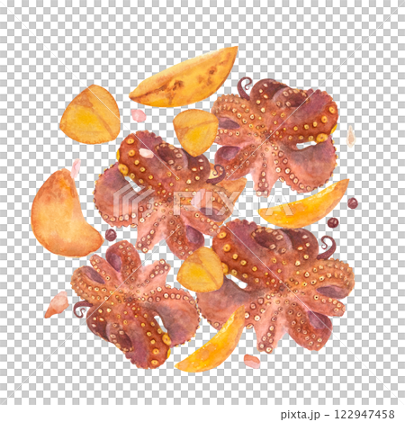 Fried octopus with potatoes, salt and pepper watercolor composition isolated on white. Hand-drawn sea food clip art perfect for cook books, blog posts, recipe, for posters, cards, kitchen decor and Fried octopus with potatoes, salt and pepper watercolor composition isolated on white. Hand-drawn sea food clip art perfect for cook books, blog posts, recipe, for posters, cards, kitchen decor and 122947458