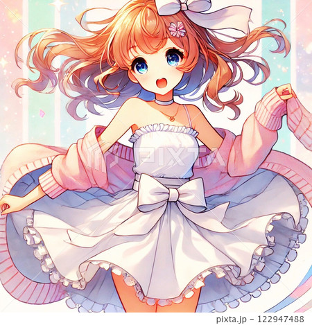 軽やかに舞う、髪もスカートも　ゆるふわ女子　パステルカラー背景　Generative AI 122947488