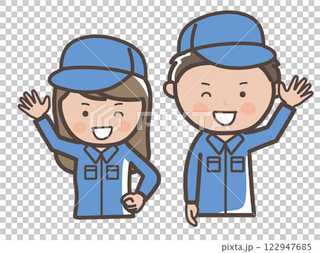 身著工作服的男女工人（清潔工）上身插畫愉快地打招呼 122947685