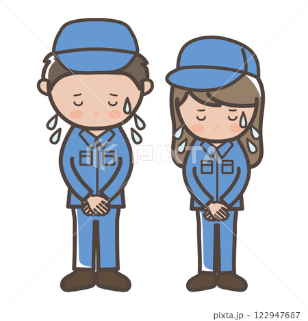 焦って謝罪する作業着姿の男女作業員（清掃員）のイラスト 122947687