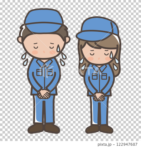 焦って謝罪する作業着姿の男女作業員（清掃員）のイラスト 122947687