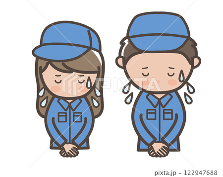 焦って謝罪する作業着姿の男女作業員（清掃員）の上半身イラスト 122947688