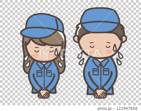 焦って謝罪する作業着姿の男女作業員（清掃員）の上半身イラスト 122947688