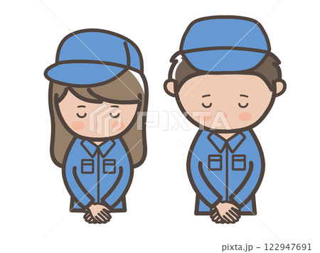 頭を下げて謝る作業着姿の男女作業員(清掃員)の上半身イラスト 頭を下げて謝る作業着姿の男女作業員(清掃員)の上半身イラスト 122947691
