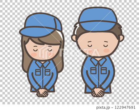 頭を下げて謝る作業着姿の男女作業員(清掃員)の上半身イラスト 頭を下げて謝る作業着姿の男女作業員(清掃員)の上半身イラスト 122947691