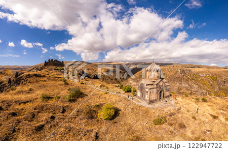 Aerial view of ancient destroyed fortress of Amberd and Vahramashen Church on Mount Aragats on sunny day. Popular tourist and historical attraction and landmark. Aragatsotn Province, Armenia. Europe. 122947722