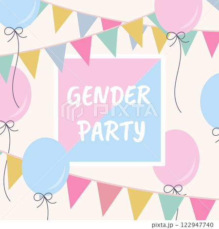 Gender reveal party design template with text, pink and blue balloons and paper flags. Vector illustration for card, flyer, poster, web, banner. Gender reveal party design template with text, pink and blue balloons and paper flags. Vector illustration for card, flyer, poster, web, banner. 122947740