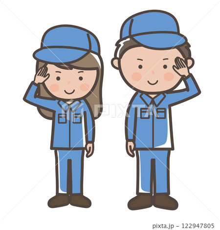 了解ポーズをする作業着姿の男女作業員（清掃員）のイラスト 122947805