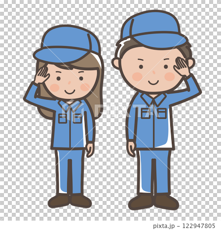 穿著工作服的男女工人（清潔工）做出理解姿勢的插圖 122947805