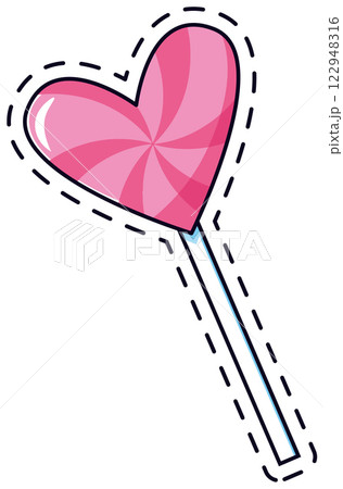 Pink heart shaped lollipop featuring a stick and a delightful spiral design, surrounded by a dashed line that mimics a sew on patch, perfect for adding a playful touch 122948316