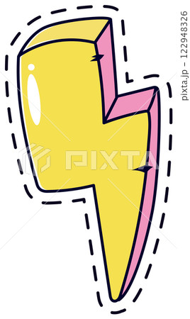 Vibrant lightning bolt patch featuring a bright yellow design with a pink outline. Ideal for fashion embellishments, DIY projects, or adding a playful touch to accessories and clothing 122948326
