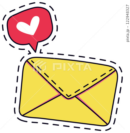 Vibrant vector illustration of a yellow envelope with a playful heart speech bubble, designed as a cute patch badge. Perfect for adding a whimsical touch to fashion or digital designs 122948327