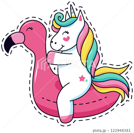 Cute unicorn with rainbow mane joyfully riding a pink flamingo pool float. Fun and whimsical illustration perfect for magical and fairytale themed designs or children s products 122948381