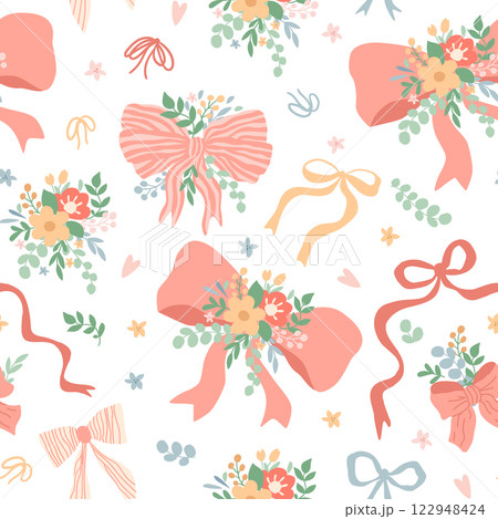 Pink floral bow seamless pattern. Summer vector coquette print with cute bouquets and ribbon. Pink floral bow seamless pattern. Summer vector coquette print with cute bouquets and ribbon. 122948424