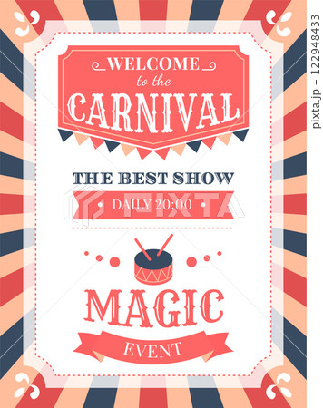 Retro circus poster invites visitors to a lively carnival show. Featuring bold typography and festive colors, the design highlights a magic event with daily performances at 20,00 Retro circus poster invites visitors to a lively carnival show. Featuring bold typography and festive colors, the design highlights a magic event with daily performances at 20,00 122948433